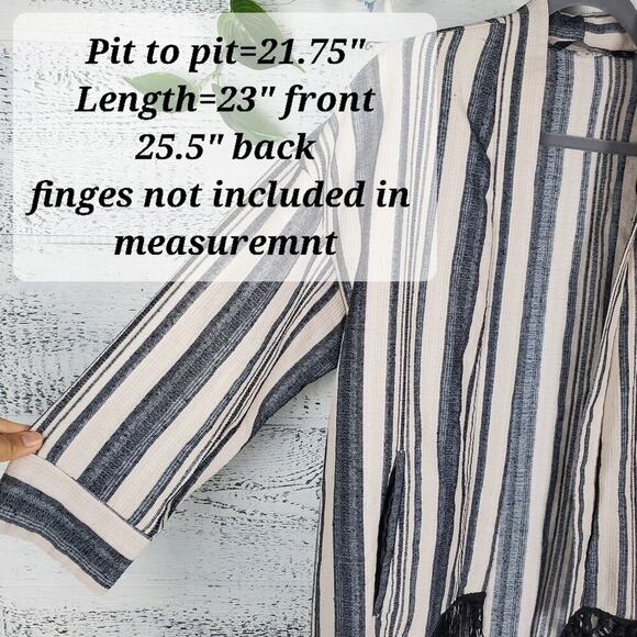 Zara Basic Neutral Striped 3/4 Sleeves Fringe Kimono Ecru Size Small - Picture 6 of 10